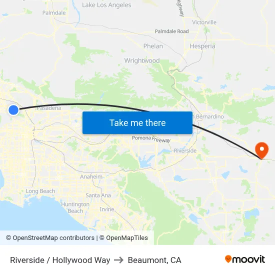 Riverside / Hollywood Way to Beaumont, CA map