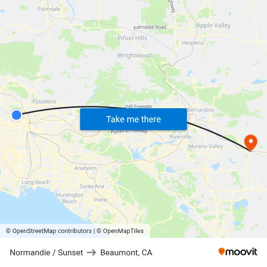 Normandie / Sunset to Beaumont, CA map