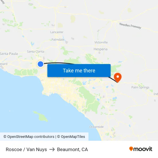 Roscoe / Van Nuys to Beaumont, CA map