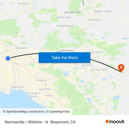 Normandie / Wilshire to Beaumont, CA map