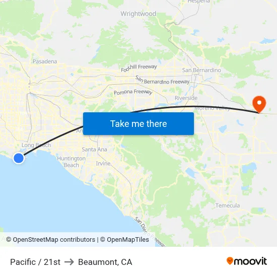 Pacific / 21st to Beaumont, CA map