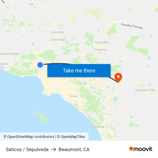 Saticoy / Sepulveda to Beaumont, CA map