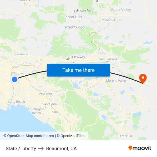 State / Liberty to Beaumont, CA map