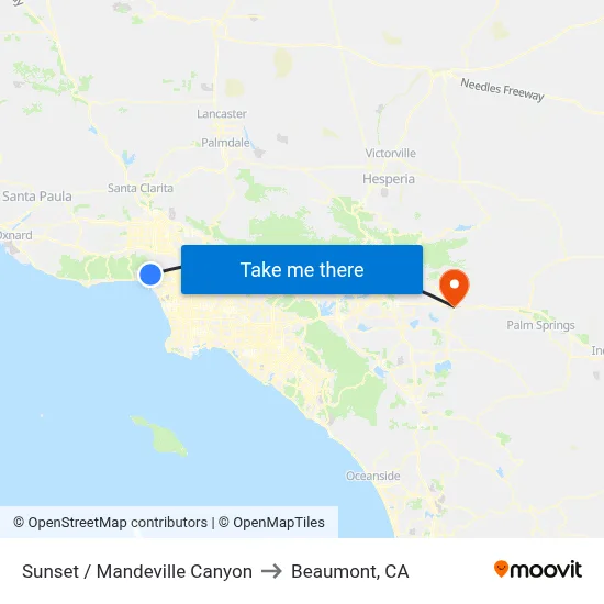 Sunset / Mandeville Canyon to Beaumont, CA map