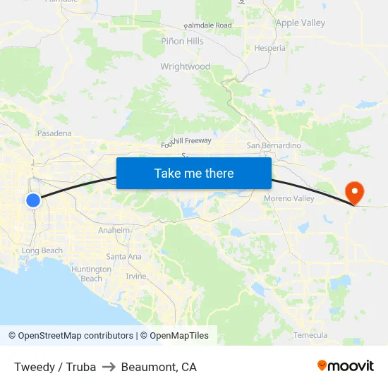 Tweedy / Truba to Beaumont, CA map