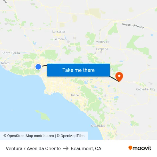 Ventura / Avenida Oriente to Beaumont, CA map