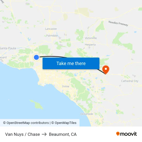 Van Nuys / Chase to Beaumont, CA map