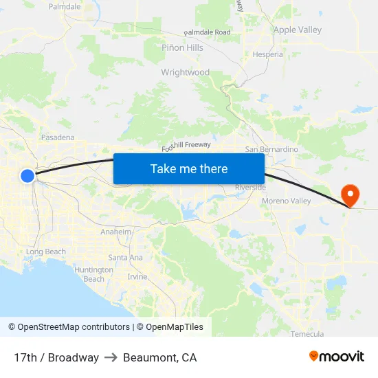 17th / Broadway to Beaumont, CA map