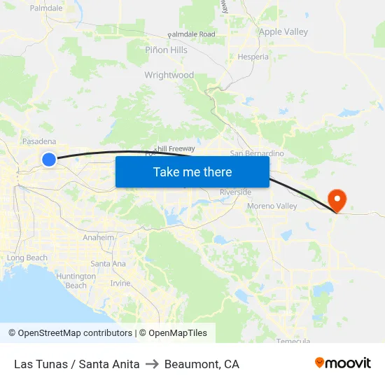 Las Tunas / Santa Anita to Beaumont, CA map
