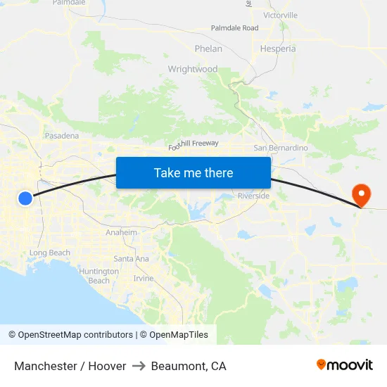 Manchester / Hoover to Beaumont, CA map