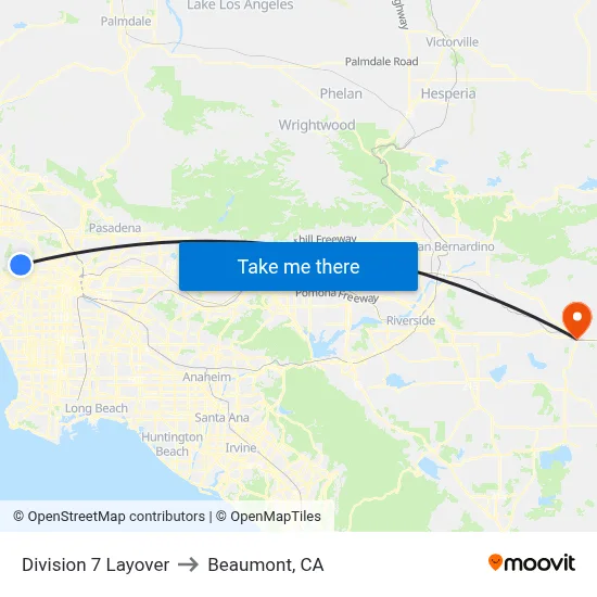 Division 7 Layover to Beaumont, CA map