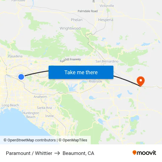 Paramount / Whittier to Beaumont, CA map