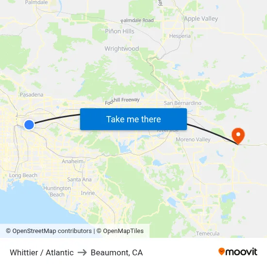 Whittier / Atlantic to Beaumont, CA map