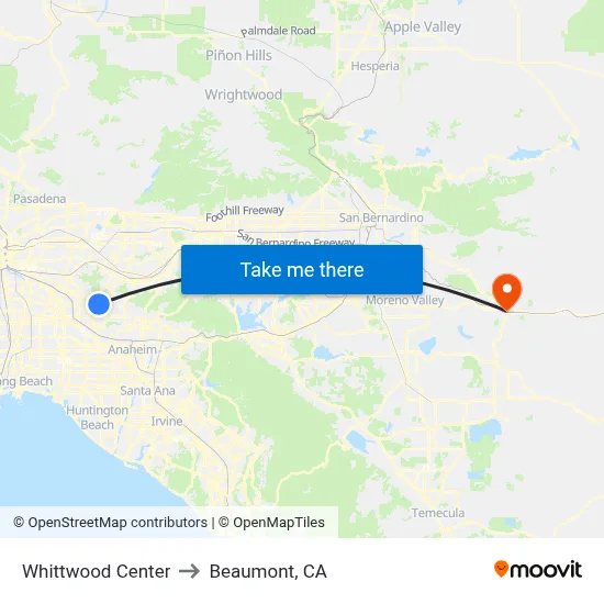 Whittwood Center to Beaumont, CA map