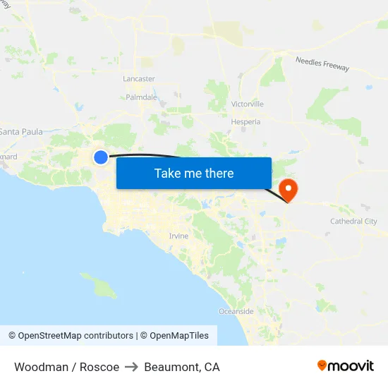 Woodman / Roscoe to Beaumont, CA map