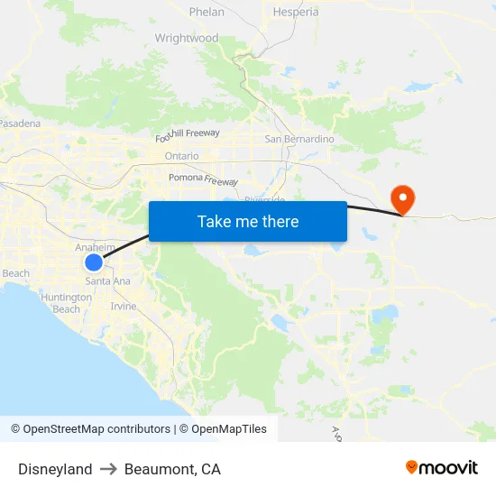 Disneyland to Beaumont, CA map