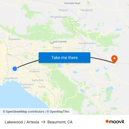 Lakewood / Artesia to Beaumont, CA map