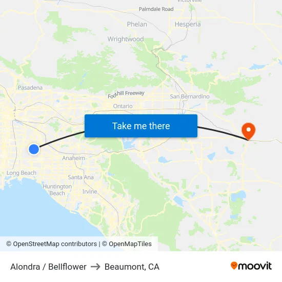 Alondra / Bellflower to Beaumont, CA map