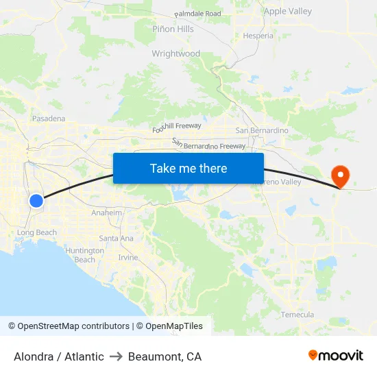 Alondra / Atlantic to Beaumont, CA map