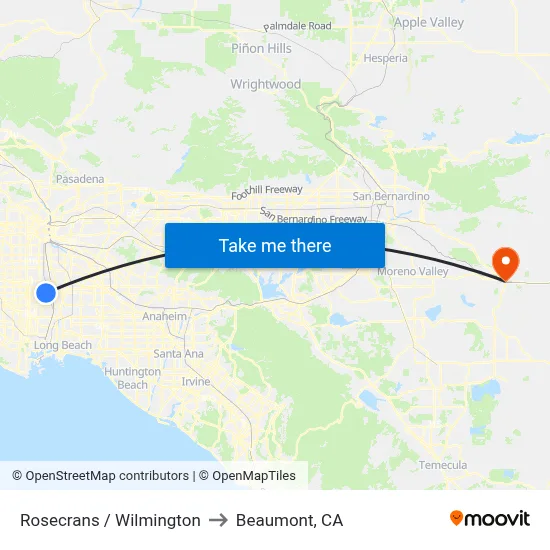 Rosecrans / Wilmington to Beaumont, CA map