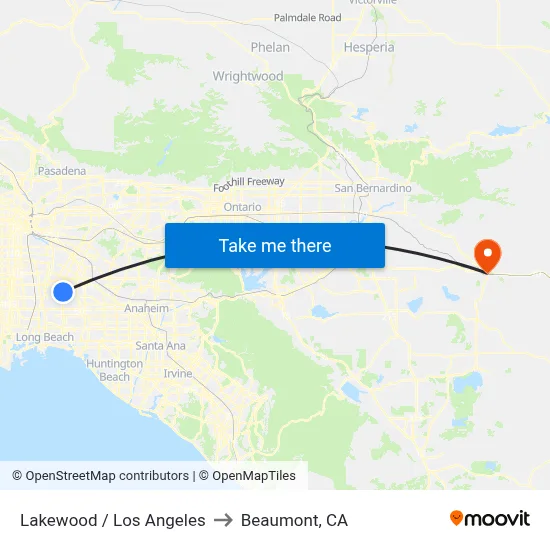 Lakewood / Los Angeles to Beaumont, CA map