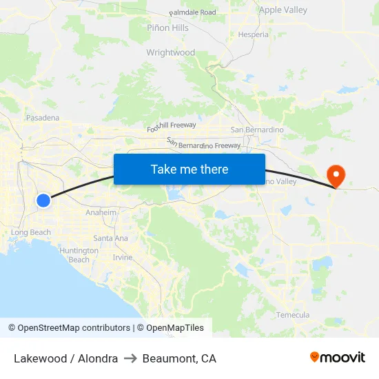 Lakewood / Alondra to Beaumont, CA map