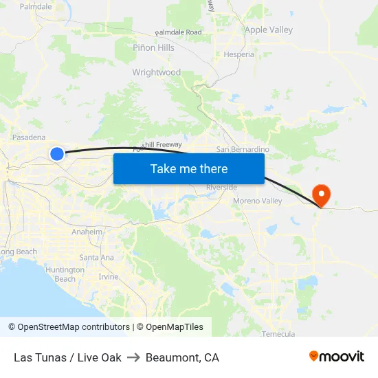 Las Tunas / Live Oak to Beaumont, CA map