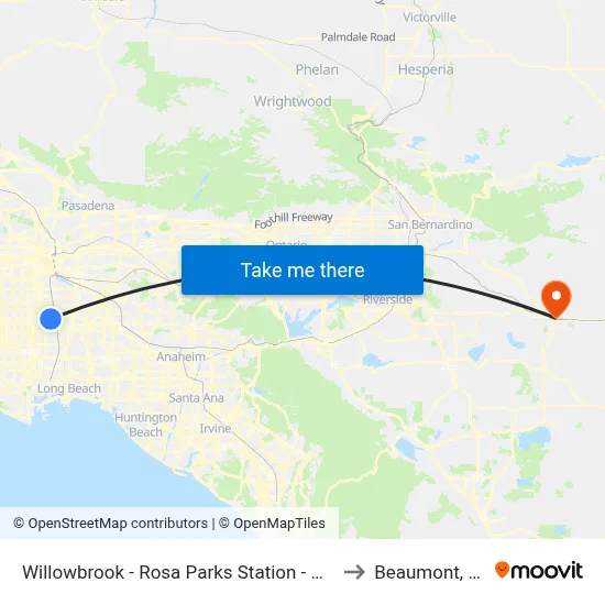 Willowbrook - Rosa Parks Station - West to Beaumont, CA map