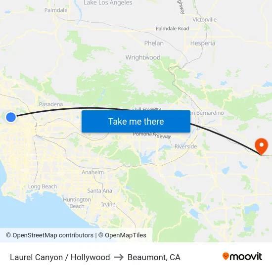 Laurel Canyon / Hollywood to Beaumont, CA map