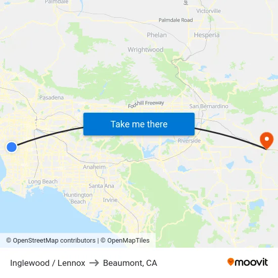 Inglewood / Lennox to Beaumont, CA map