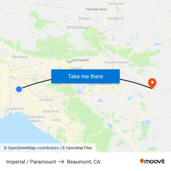 Imperial / Paramount to Beaumont, CA map