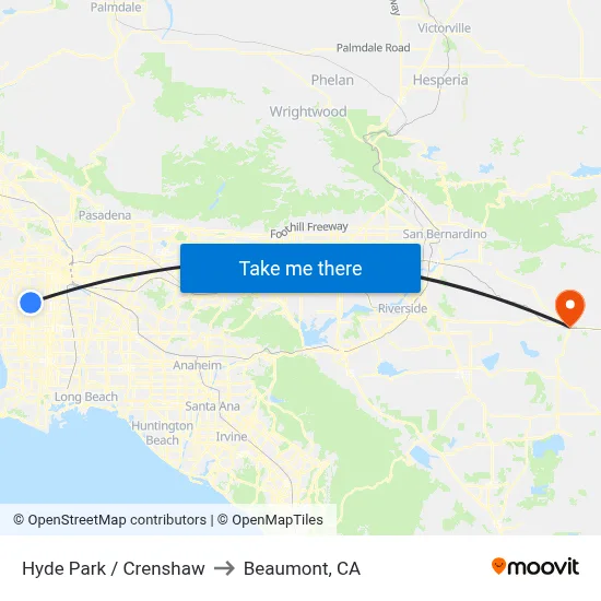 Hyde Park / Crenshaw to Beaumont, CA map