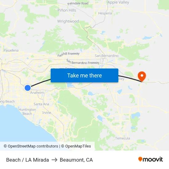 Beach / La Mirada to Beaumont, CA map