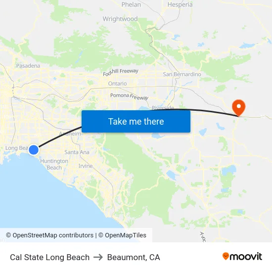 Cal State Long Beach to Beaumont, CA map