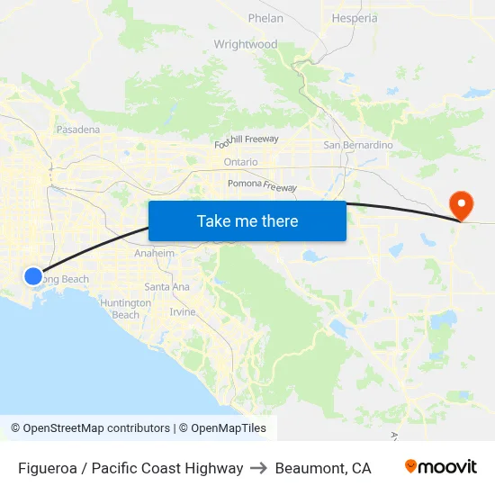 Figueroa / Pacific Coast Highway to Beaumont, CA map