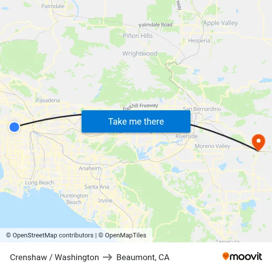 Crenshaw / Washington to Beaumont, CA map