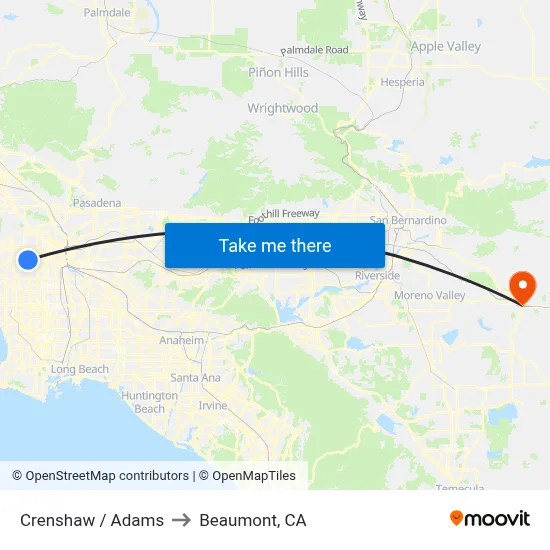 Crenshaw / Adams to Beaumont, CA map