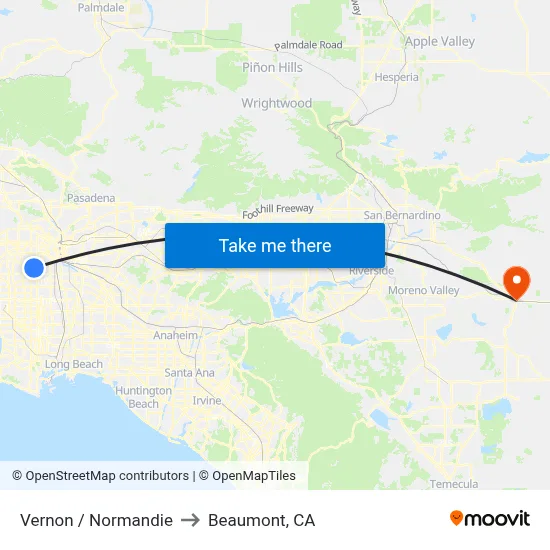 Vernon / Normandie to Beaumont, CA map