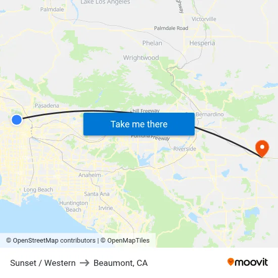 Sunset / Western to Beaumont, CA map
