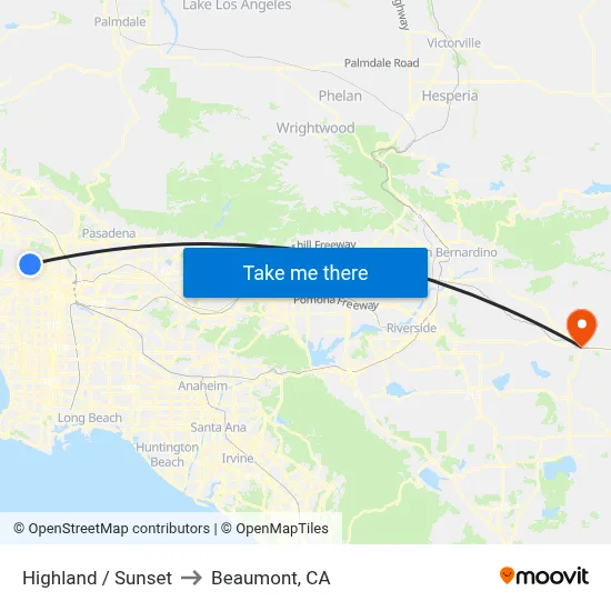 Highland / Sunset to Beaumont, CA map