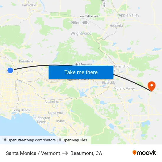 Santa Monica / Vermont to Beaumont, CA map