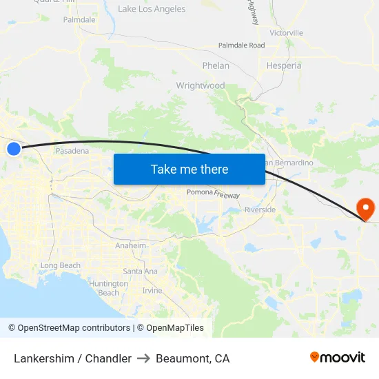 Lankershim / Chandler to Beaumont, CA map