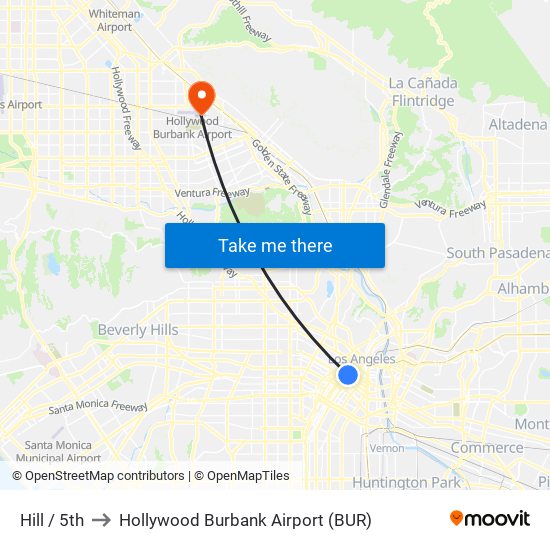 Hill / 5th to Hollywood Burbank Airport (BUR) map