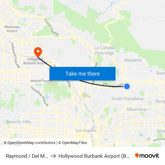 Raymond / Del Mar to Hollywood Burbank Airport (BUR) map