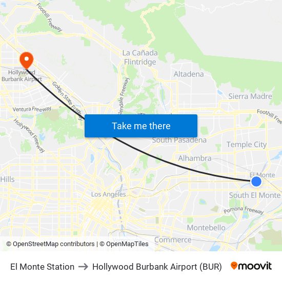 El Monte Station to Hollywood Burbank Airport (BUR) map