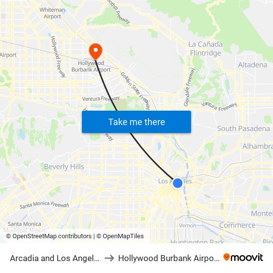 Arcadia and Los Angeles St W to Hollywood Burbank Airport (BUR) map