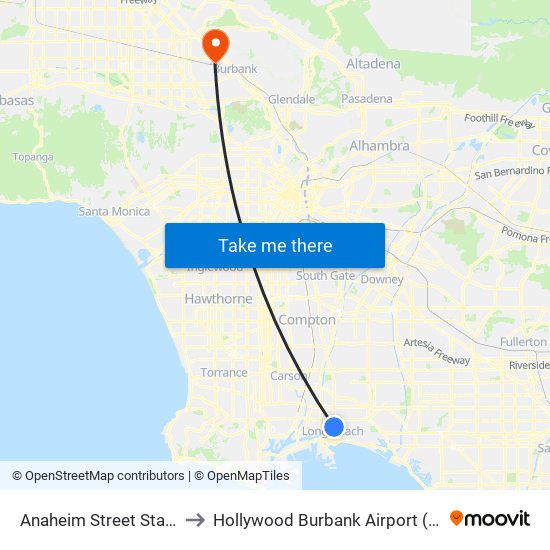 Anaheim Street Station to Hollywood Burbank Airport (BUR) map