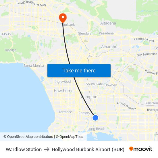 Wardlow Station to Hollywood Burbank Airport (BUR) map