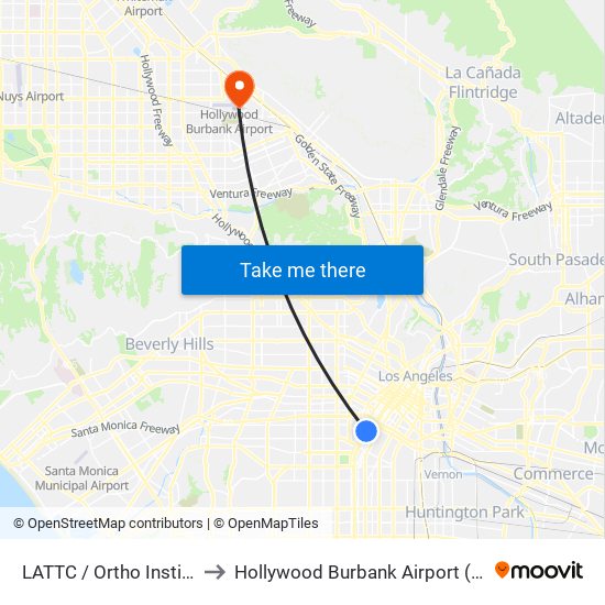 LATTC / Ortho Institute to Hollywood Burbank Airport (BUR) map