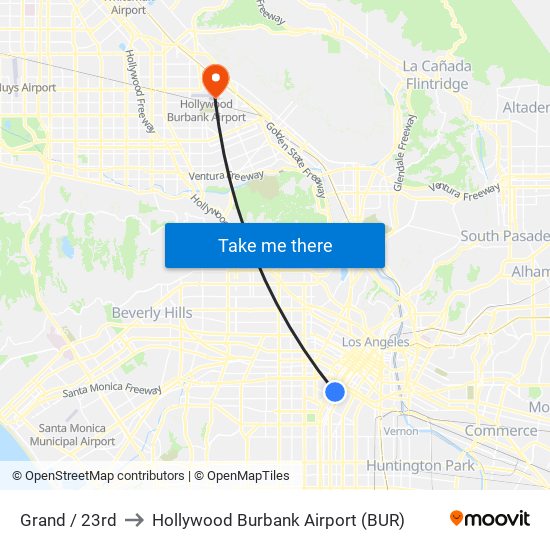 Grand / 23rd to Hollywood Burbank Airport (BUR) map